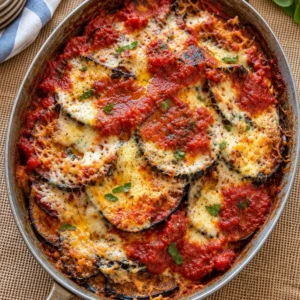 Deliciously layered roasted eggplant parmesan with cheese and marinara sauce