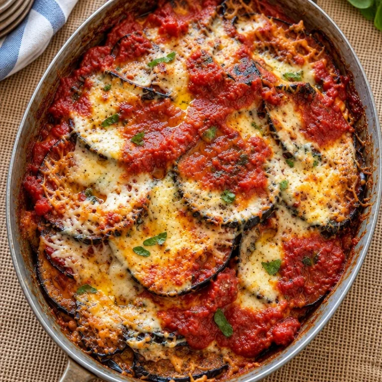 Deliciously layered roasted eggplant parmesan with cheese and marinara sauce