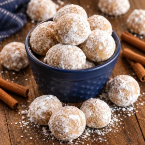 Delicious homemade gingerbread snowball cookies dusted with powdered sugar.