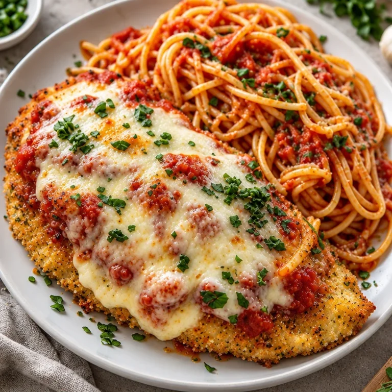 Oven baked chicken parmesan served with marinara sauce and basil leaves
