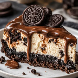 Delicious Oreo cheesecake topped with crushed cookies and chocolate drizzle