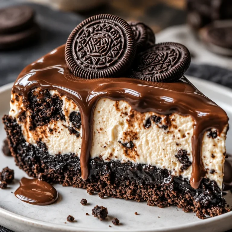 Delicious Oreo cheesecake topped with crushed cookies and chocolate drizzle