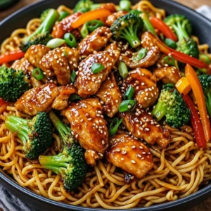 Sticky garlic chicken noodles in a bowl with vegetables