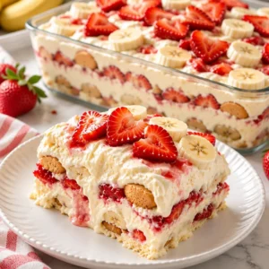 Delicious strawberry cheesecake banana pudding dessert served in a glass.