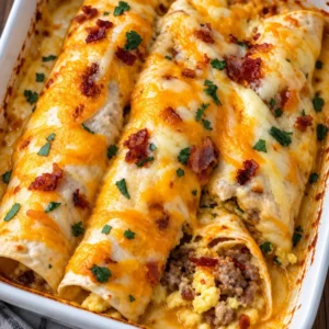 Delicious breakfast enchiladas topped with fresh ingredients and served on a plate.