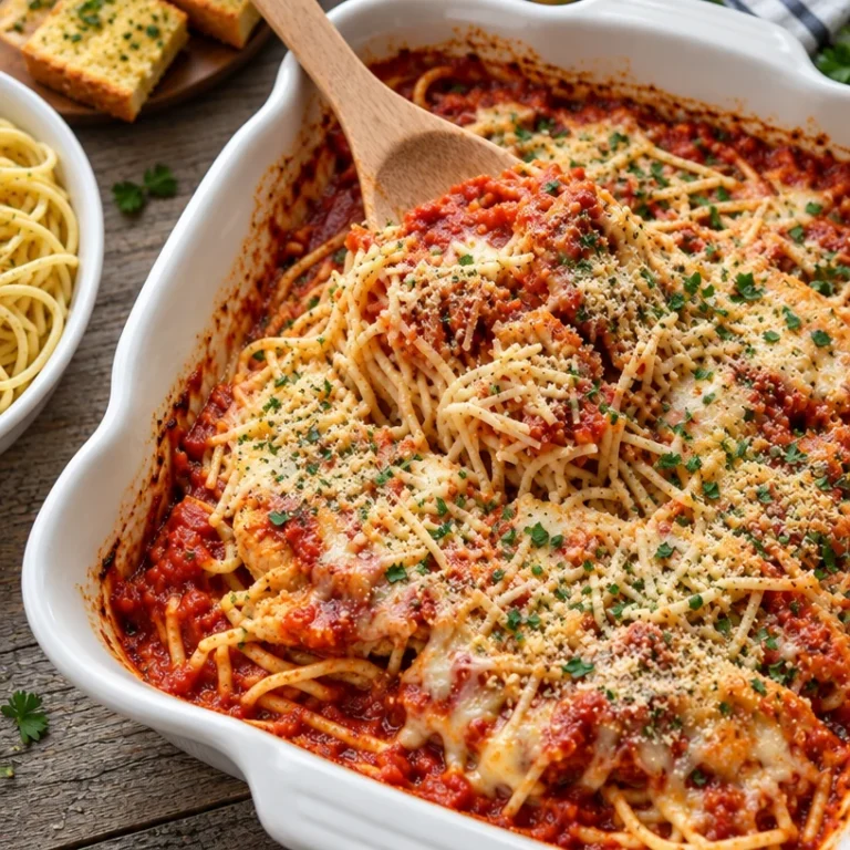 Ultimate Chicken Parmesan Casserole topped with melted cheese and fresh herbs