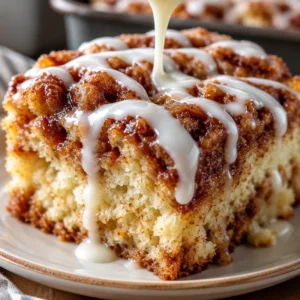 Delicious cinnamon roll cake topped with cream cheese icing and cinnamon swirl