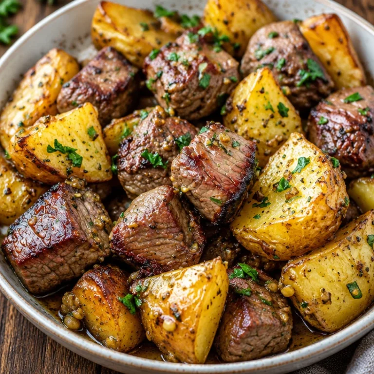 Ultimate garlic butter steak bites with crispy potatoes served on a plate