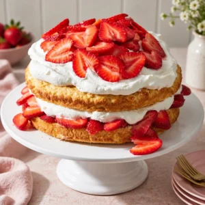 Delicious slice of strawberry cream sponge cake topped with fresh strawberries