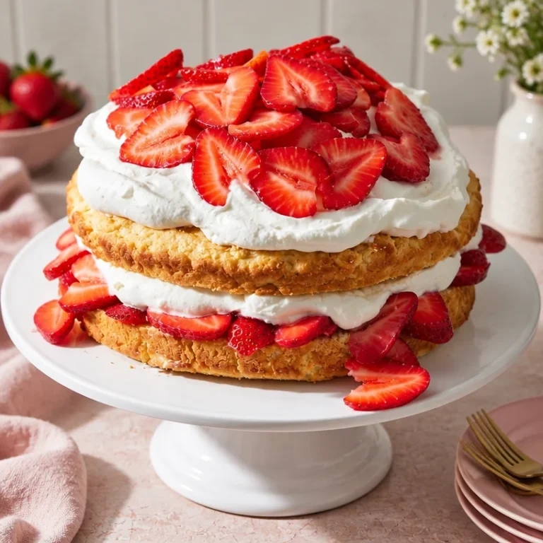Delicious slice of strawberry cream sponge cake topped with fresh strawberries
